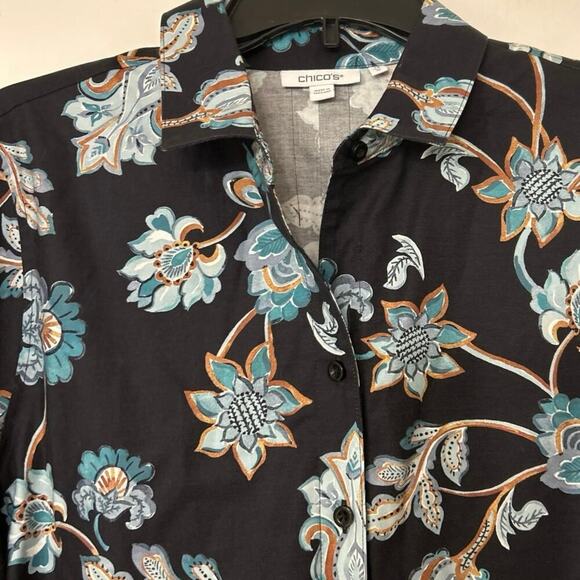 Chico’s Black Floral No Iron Cotton Stretch Button Down Tunic Blouse New Size 10 - Picture 6 of 14